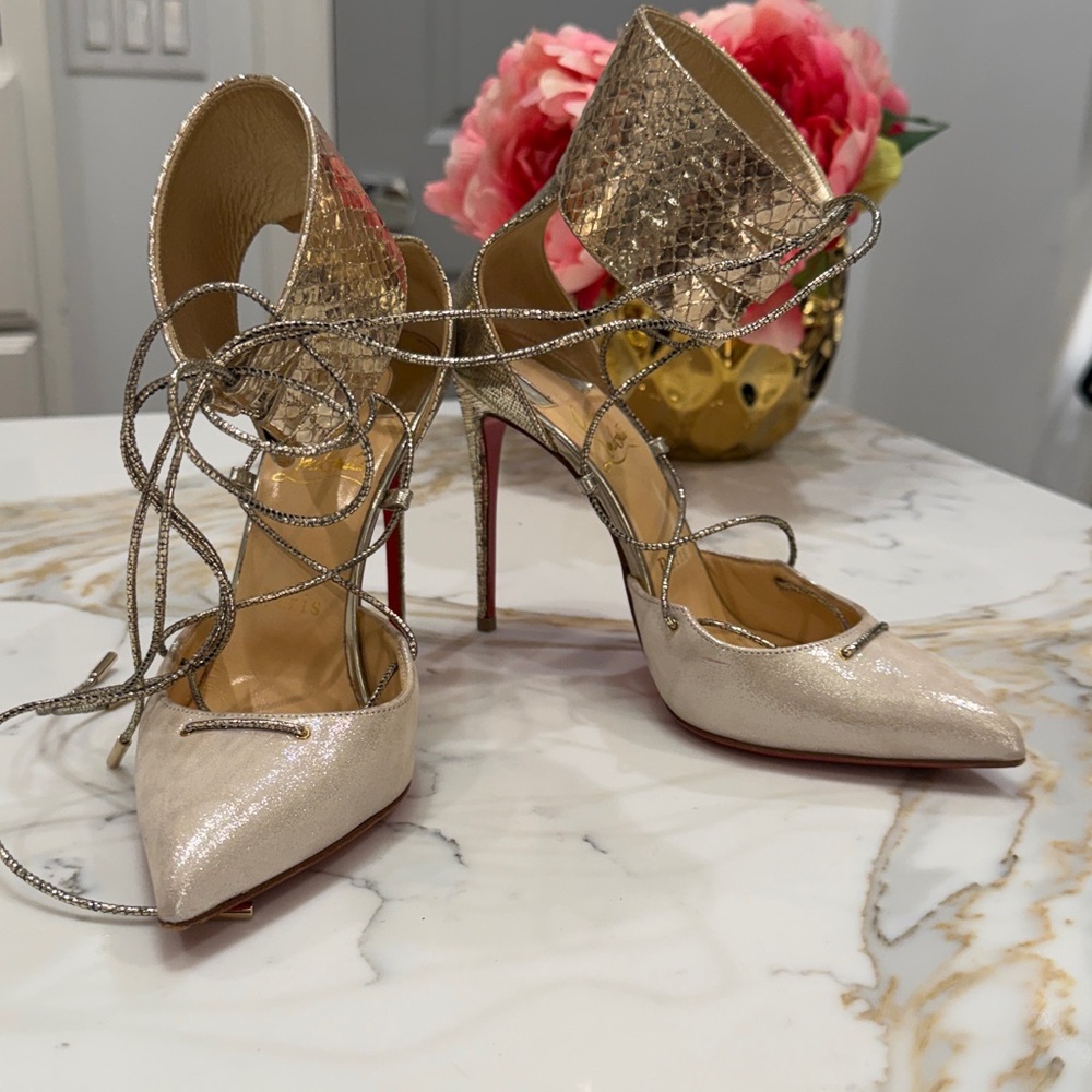 Christian Louboutin Metallic Gold Lace-Up Heels - Picture 2 of 5